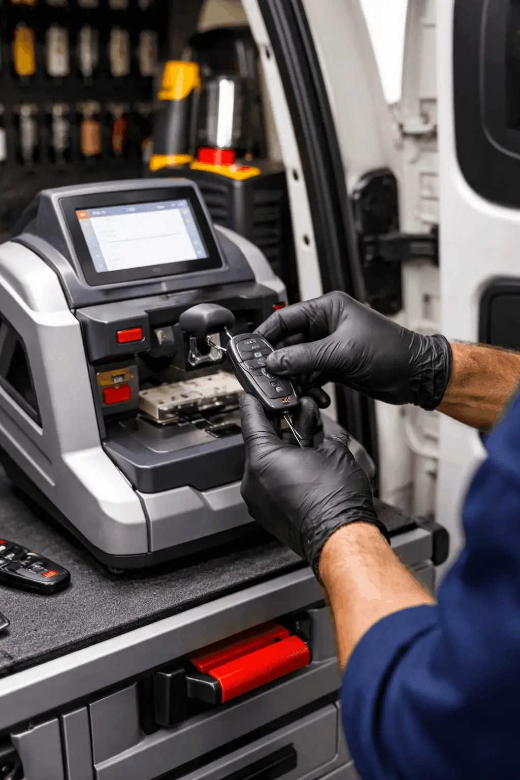 Car key replacement Norwalk CA mobile locksmith programming a Toyota transponder key using automotive key programmer in Pioneer Blvd driveway