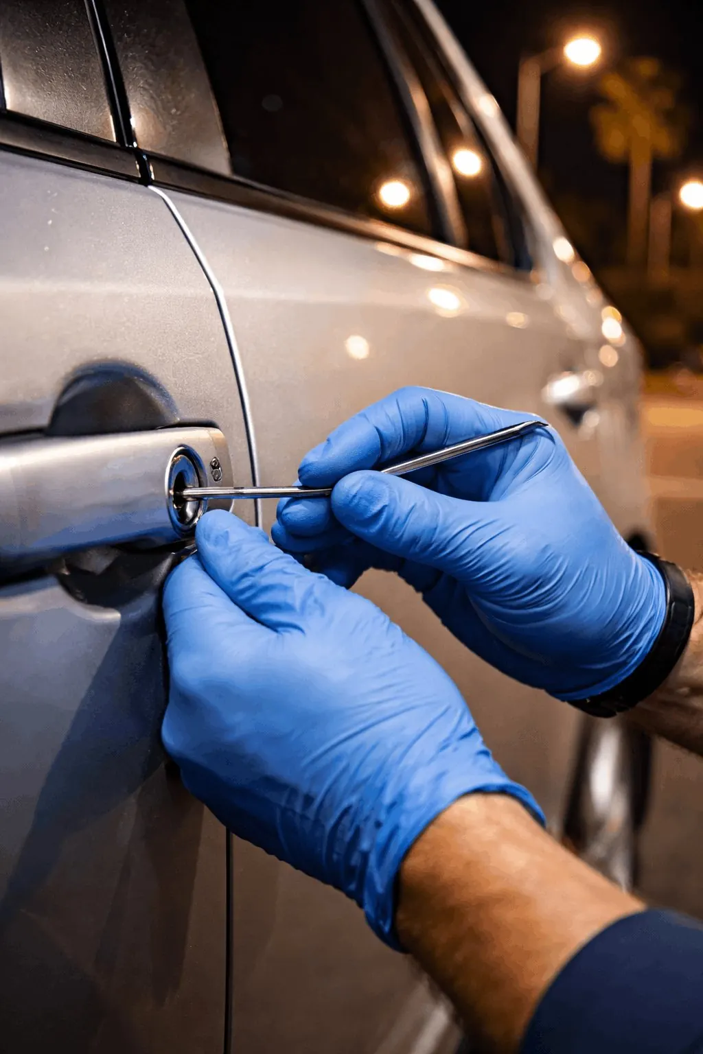 Car lockout Norwalk CA mobile locksmith opening a Honda Accord door using air wedge and long reach bypass tool in Pioneer Blvd parking lot